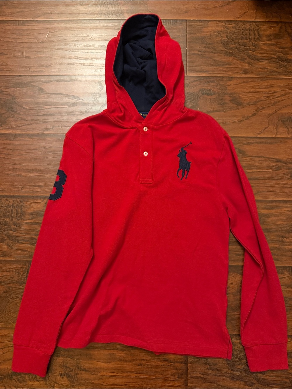 Polo by Ralph Lauren Red Hooded Long-Sleeve Crewneck with Navy Logo